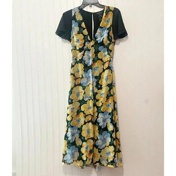 Club Monaco Size 4 Black Yellow Coran Floral Flutter-Sleeve Midi Dress NEW! - Picture 5 of 11